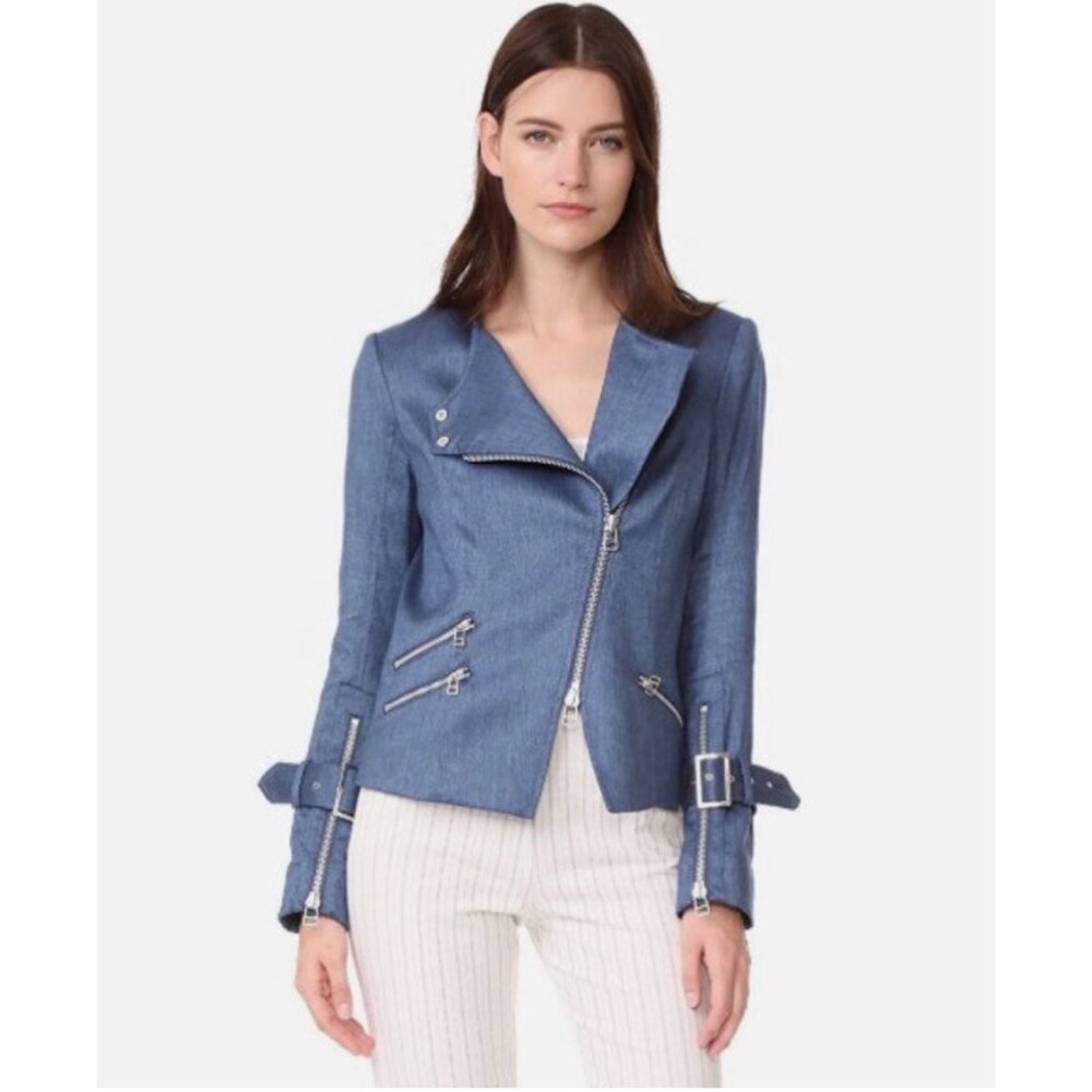Veronica Beard Sienna Collarless Moto Jacket in Denim Blue, Size 8